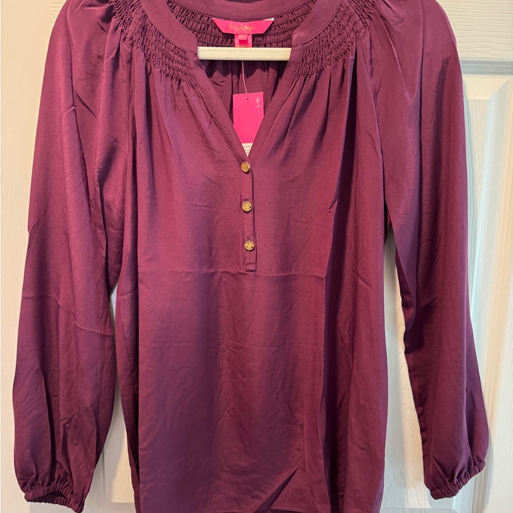 Lilly Pulitzer Red Bishop Sleeve Blouse with Mandarin Collar